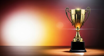 A golden trophy cup on a wooden table with a blurred background.