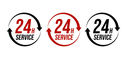 24 Hours Service Icon Set – Red and Black 24h Service Logo with Circular Arrow for Support, Delivery, and Business Availability