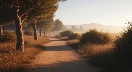 Sunlit pathway through a serene forest with rolling hills in the distance