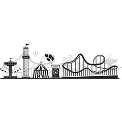 Amusement Park Silhouette Featuring Roller Coaster Ferris Wheel Carousel Tent and Hot Air Balloons on Transparent Background