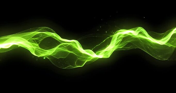 Abstract green wave pattern with flowing lines and particles on a dark background for digital design