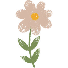A Simple Hand Drawn Pastel Pink Daisy Flower with Green Leaves and a Yellow Center on a Transparent Background