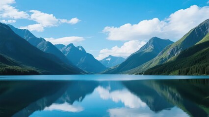 The mountain lake and continuous mountains complement each other, with blue sky and white clouds embellishing, showing the magnificent and pure beauty of natural landscapes.