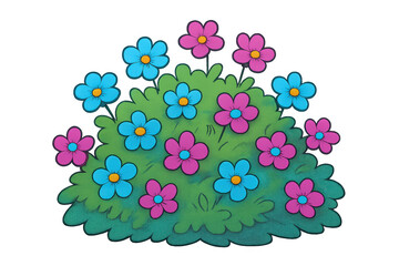 Green bush with blue and pink flowers blooming, a vibrant spring garden element cartoon illustration on transparent background
