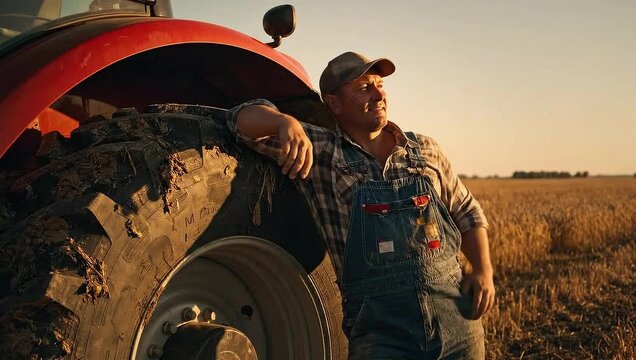national farmers day farmer leaning on tractor wheel in golden field sunset