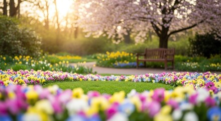 Fototapeta premium A vibrant garden with blooming flowers and a wooden bench under a tree with pink and white blossoms.