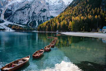 Lago di Braies Lake in the Dolomite Mountains of Italy is a natural wonder with its magnificent nature and reflections.