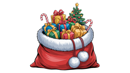 Santa's overflowing sack bursting with colorful Christmas gifts and a festive tree