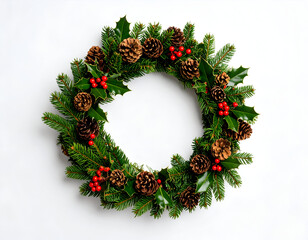 Festive Christmas wreath adorned with pine cones, holly berries, and evergreen branches, displayed on a clean white backdrop