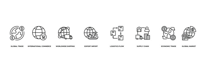 banner Global Trade Network icon.Global Trade, International Commerce, Worldwide Shipping, Export Import, Logistics Flow, Supply Chain, Economic Trade, Global Market