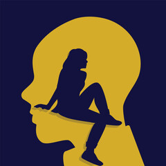 Vector illustration showing a silhouette of a woman sitting inside the outline of a human head