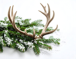 Graceful shed deer antlers nestled amidst a bed of frosty pine needles and fresh snow on a pristine white background, perfect for winter and holiday designs evoking natural beauty and rustic charm