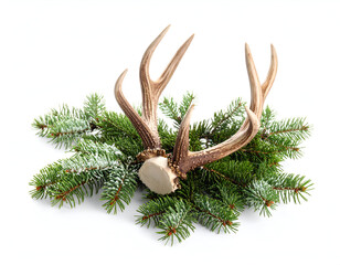 Rustic deer antler nestled on snow-dusted fir branches, a natural winter holiday decoration isolated on a white background