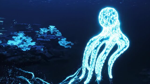 Glowing Neon Octopus Swims Through Dark Ocean Depths.