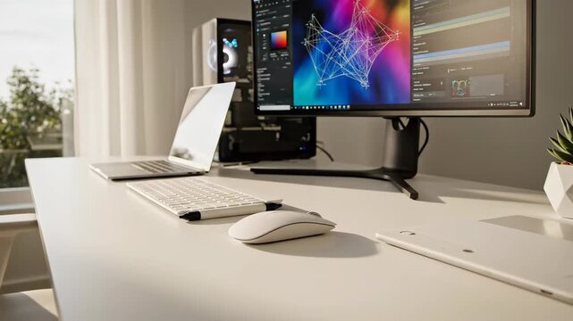 Modern Workspace with Computer and Laptop - A modern workspace is depicted, featuring a computer setup with a large monitor displaying graphic design software.