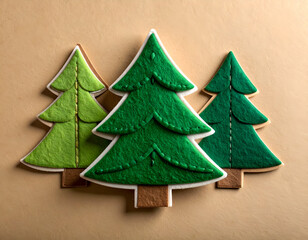 Festive Christmas tree sugar cookies decorated with green icing on a neutral background
