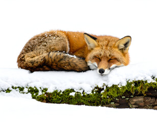 Cute Red Fox Curled Up Sleeping Peacefully on a Snow-Covered Log in a Winter Landscape