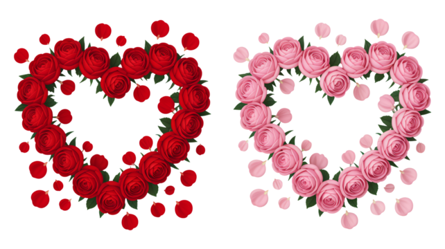 Stunning heart wreaths of red and pink roses with falling petals for romance