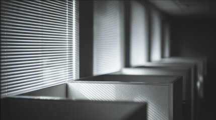 Closed government offices in empty modern office with cubicle rows and blind light creating calm mood