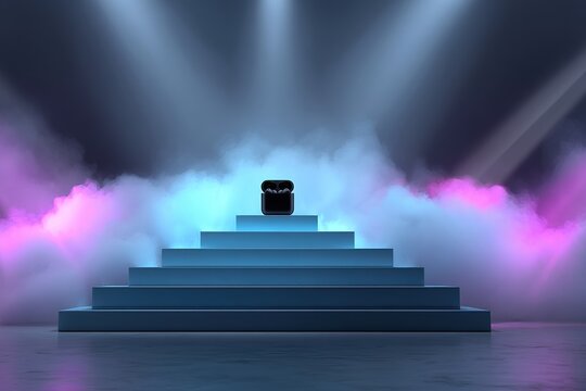 Innovative product launch presentation for technology marketing campaign, sleek wireless earbuds displayed on contemporary cobalt blue tiered stage with dynamic spotlight and atmospheric smoke effect
