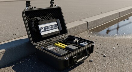 An open black utility case rests on a wet street, revealing an organized setup of various tools and devices, showcasing a blend of functionality and practicality in an urban environment