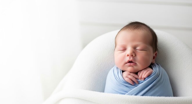 A serene newborn baby wrapped in a soft blue blanket, peacefully sleeping in a white cradle. - Powered by Adobe