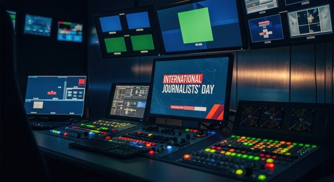A modern broadcast control room showcasing multiple screens and equipment, with a display highlighting International Journalists Day amidst a dark, professional atmosphere