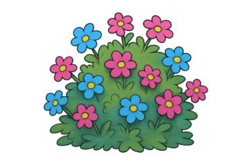 Colorful cartoon flower bush, whimsical garden plant illustration with pink and blue blossoms on transparent background