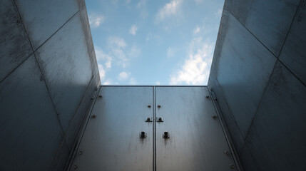 Closed metal gate at government offices entrance under blue sky conveying solitude and formality