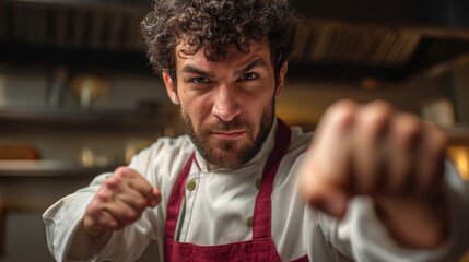 A chef with curly hair in a fighting stance wearing a red apron and a white chef coat in a kitchen