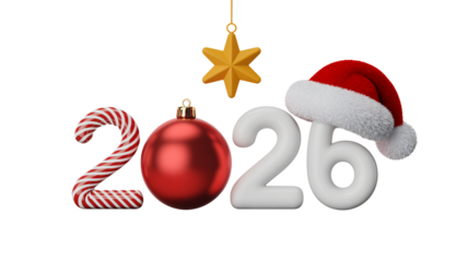 Festive 2026 New Year celebration with holiday ornaments and Santa hat