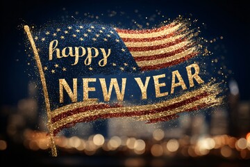 Glittering happy new year american flag design with festive bokeh background. patriotic holiday celebration.