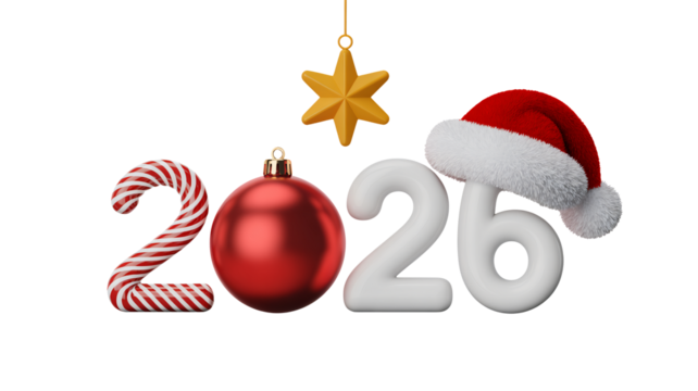 Festive 2026 New Year celebration with holiday ornaments and Santa hat