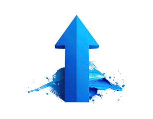 Blue arrow ascending, intersecting splash on solid black backdrop