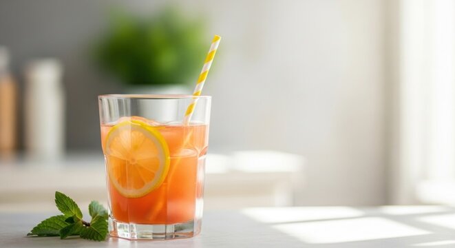 A glass of iced tea with a slice of lemon and a yellow and white striped straw on a white table.