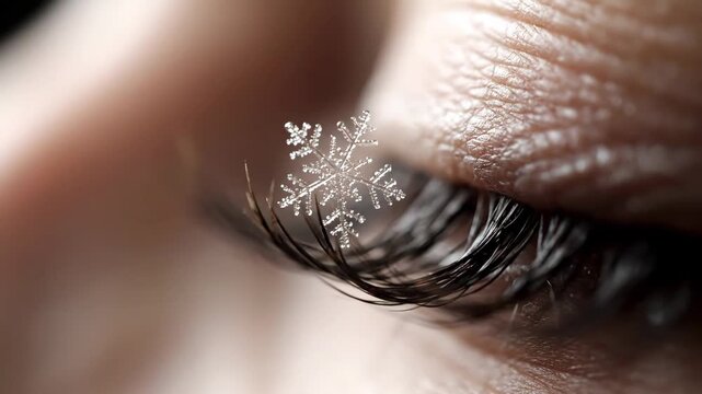A delicate snowflake rests perfectly on a human eyelash, captured in a macro shot.
