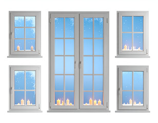 Vector illustrations of snowy windows with candlelight glow on sills. Set against a clean white background, perfect for winter and holiday themes