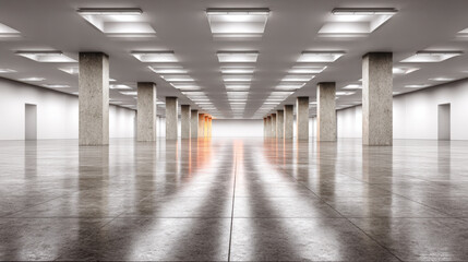 Bright empty closed government offices interior with concrete columns polished floor and ceiling lights creating calm