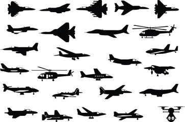 Aircraft Silhouette Set – Stylized Black Icons of Jets, Helicopters, Drones, and Commercial Planes