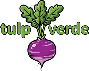 “Tulp Verde” Logo – Stylized Green Text with Purple Turnip and Leaf Graphic for Fresh Produce Branding