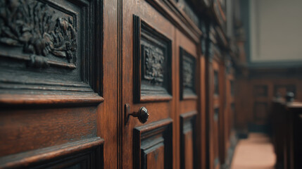 Ornate wood cabinet door closed in government offices with carved panel detail and warm lighting
