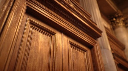 Closed government offices polished wooden panel door with ornate molding and warm light creating formal historic atmosphere