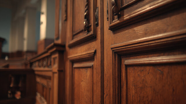 Ornate wood door closed government offices corridor warm polished paneling