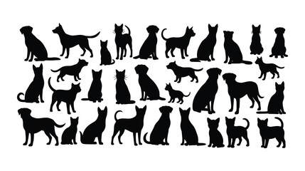 Cat & Dog Silhouette Icon Set – Stylized Black Animal Poses with Breed Variations and Expressive Gestures