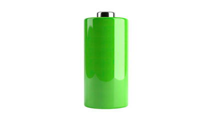 Glossy, green battery cell isolated against a black background