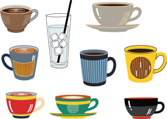 Coffee & Beverage Container Icon Set – Stylized Cups and Glasses with Diverse Designs and Iced Water