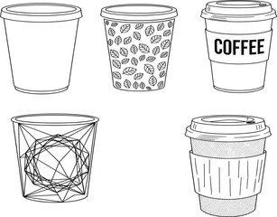 Coffee Cup Icon Set – Stylized Black and White Designs Featuring Textured, Patterned, and Minimal Styles