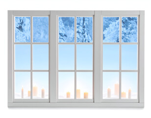 Warm glowing candles on a sill contrast with a serene winter landscape of snowy trees and blue sky, framed by a white window, creating a cozy, peaceful mood