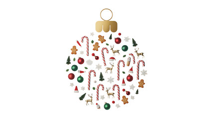 Festive Christmas ornament collage with candy canes, gingerbread, and reindeer