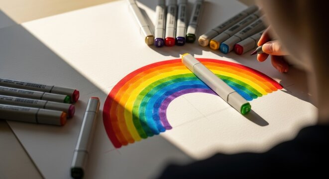 A person colors a vibrant rainbow with markers on a blank page, surrounded by various colorful marker pens, the sunlight casting soft shadows on the art materials